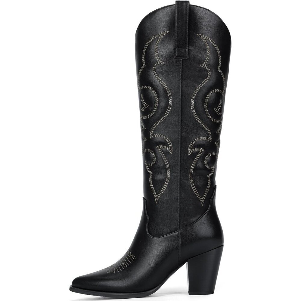 Women's Black Western Knee High Side Zipper Pointed Toe Block Heel Boots - Picture 5 of 6